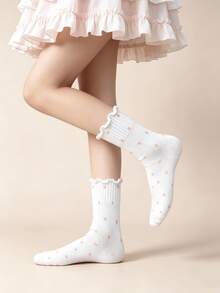 1/6 Pairs Minimalist Solid Color Small Polka Dot Sweet Ruffle Edge Versatile Comfortable Mid-Calf Socks - Multicolor - View 4