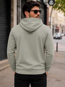 Men Mint Green Blessed Letter Front & Back Print Hoodie, Drawstring Kangaroo Pocket Casual Sports Pullover Sweatshirt - Multicolor - View 3