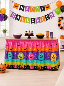1pc Cute Monster Halloween Table Skirt, Colorful Striped Plush Monster Pumpkin Bat Moon Star Print Polyester Tablecloth, Easy To Install And Reusable, Suitable For Halloween Party, Dessert Table, Candy Buffet And Holiday Home Decor - Multicolor - View 3