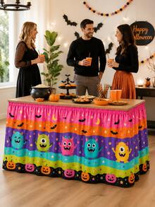 1pc Cute Monster Halloween Table Skirt, Colorful Striped Plush Monster Pumpkin Bat Moon Star Print Polyester Tablecloth, Easy To Install And Reusable, Suitable For Halloween Party, Dessert Table, Candy Buffet And Holiday Home Decor - Multicolor - View 6