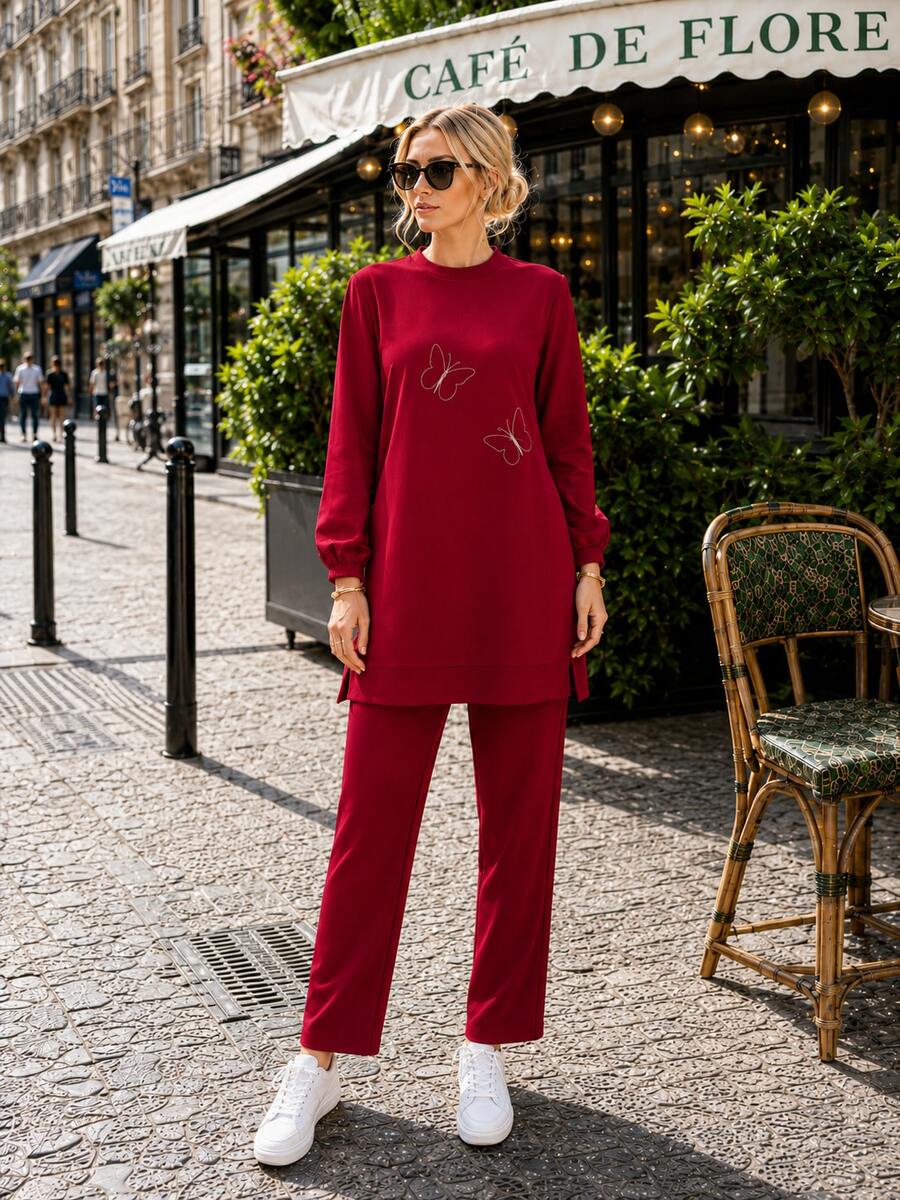 Butterfly Detail Long Tunic And Trousers Two-Piece Set – Comfortable Modest Casual Outfit - Red - View 1