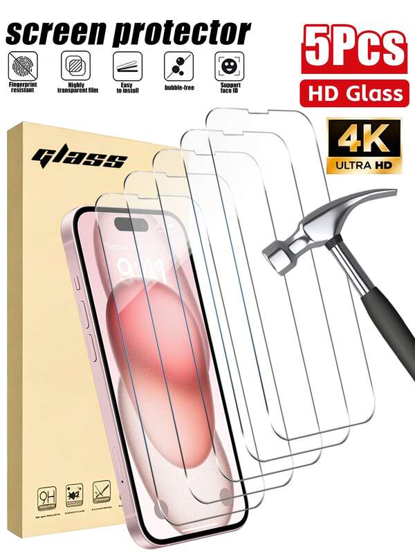 5pcs Tempered Glass Screen Protector, Compatible With IPhone 17/16/15/14/13/12/11 Pro Max XR XS Max, 9H Hardness, Anti-Fingerprint, High Transparency, Bubble-Free, Easy Installation, Face ID Support, Scratch-Resistant, Shatter-Proof, Clear Protective Film