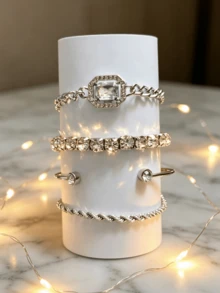 4pcs/Set Punk Style Personalized Rhinestone Twisted Knot Bracelet Set - Avant-Garde Personalized Wrist Accessory With Sparkling Crystal Accents And Durable Twisted Chain Design, Suitable For Concerts, Nightlife And Street Fashion Daily Wear, Secure Clasp Ensures Worry-Free Wear During Activities, Ideal Gift For Birthdays, Anniversaries And Graduation Celebrations - Silver - View 4
