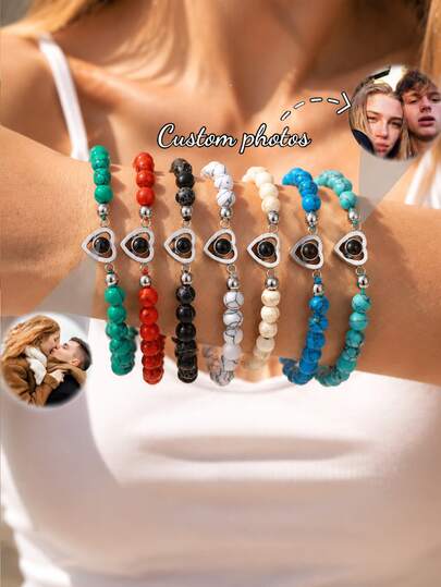 1 pieza Pulsera de piedra natural personalizada con proyección de foto, pulsera de pareja de piedra natural ajustable, foto familiar personalizable, regalo de Navidad para padres, novia, negro, rosa, blanco, azul, púrpura, gris, marrón, rojo, verde opcional, moda, popular en otoño, vintage, minimalista, neutro, colorido personalizado, personalizado, único, regalo ideal para ella
