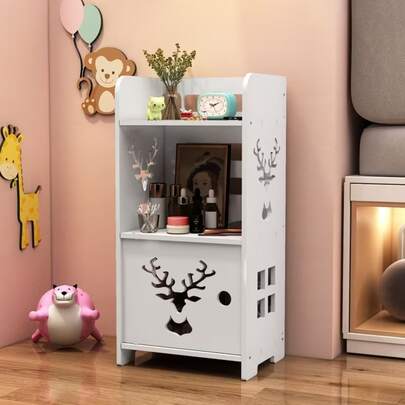2-In-1 Design Deer Hollow Bedside Cabinet, One With Hidden Storage Door, One With Multi-Layer Open Storage No Door, 24*18cm Narrow Mini Bedside Table, Floor-Standing Bedroom Skincare Storage Cabinet, Modern White Small Storage Stand, Can Hold Clock, Doll, Skincare Products, Decorative Items, Space-Saving Furniture For Small Bedroom And Dorm