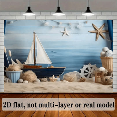 Decoração de Placa de Madeira com Barco à Vela Azul, Bottom de Exibição com Tema Náutico, Banner de Fotografia para Smash the Cake de Aniversário