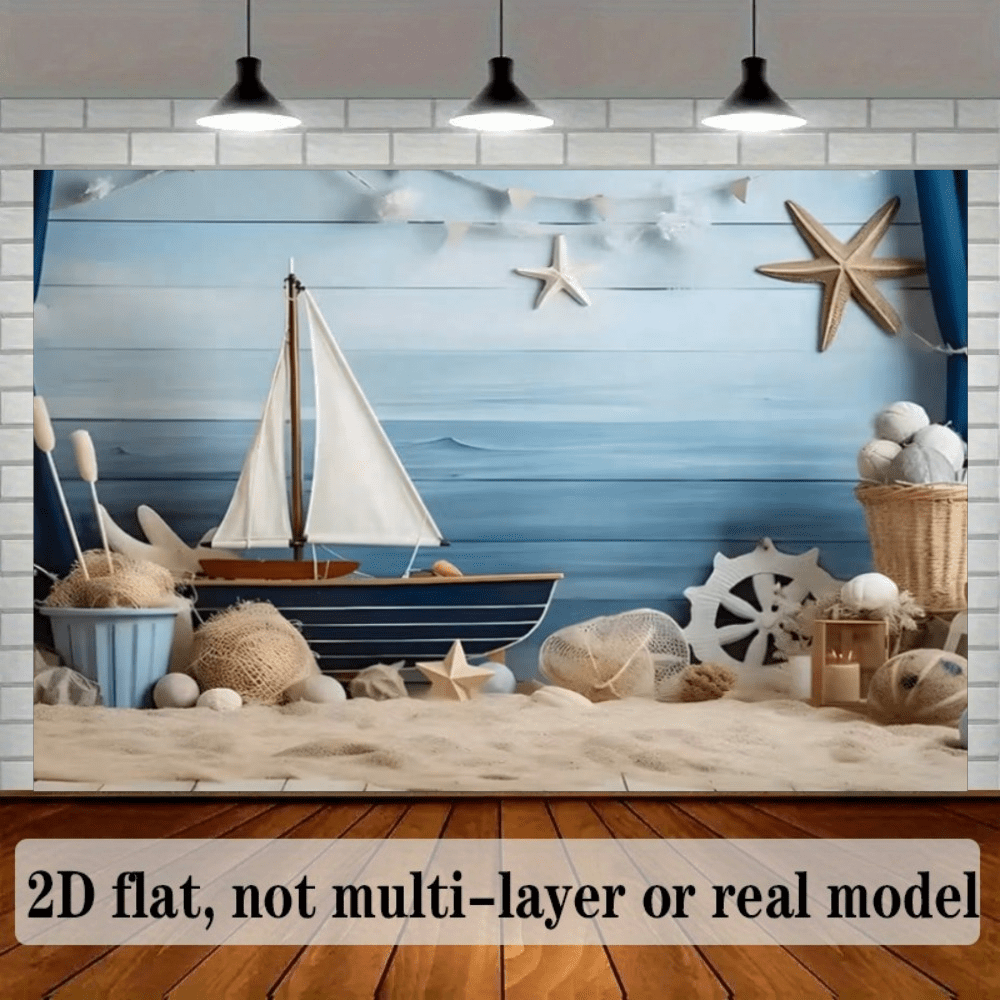 2D Flat BannerBlue Sailboat Wooden Board Decoration Display Background Nautical Theme Birthday Cake Smash Background Photography Banner