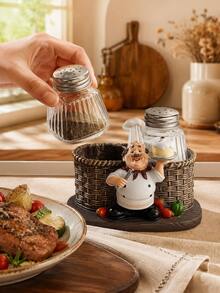 1pc Decorative Chef Figurine Dual Spice Bottle Holder, Kitchen Seasoning Bottle Storage Rack, Rustic Farmhouse Style Spice Display Stand, Suitable For Countertop, Desktop, Cafe, Restaurant, Pantry Shelf And Home Decor - Multicolor - View 9