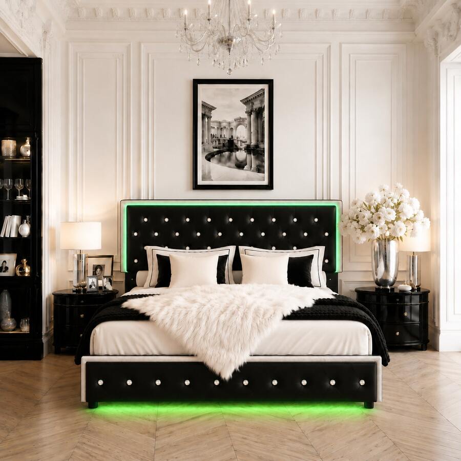 SIBEDS LED Bed Frame With RGB Lights & Storage Drawers, Upholstered Platform Bed With Crystal Tufted Headboard, PU Leather & Velvet Modern Bedroom Furniture, Noise Free Design, No Box Spring Needed, Easy Assembly, Velvet Gray - 絲絨灰 - 查看 1
