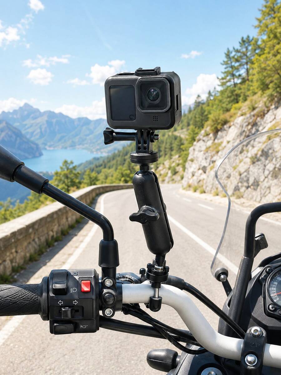 Motorcycle Action Camera Mount, 360° Rotating Handlebar Clamp Bracket With 1/4" Screw Ball Head Arm, Universal Adjustable Action Camera Mount, Suitable For Bicycle, Motorcycle, Scooter, ATV, UTV, Anti-Shake Riding Vlog Recording Accessory