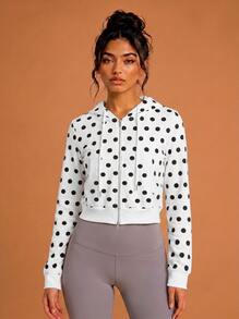 Never me Women's Sports Sweatshirt, Large Polka Dot All-Over Print, Zip-Up Short Sweatshirt, Double Pockets, Drawstring Hood, Casual Fitness Short Jacket - White - View 2