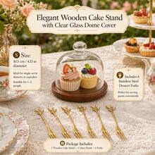 WGROOM Wooden Dessert Serving Tray Set With Clear Glass Dome Lid, Cake Display Stand, 3 Sizes Available, Includes 6 Stainless Steel Forks, Elegant Food Presentation Set - Multicolor - View 6