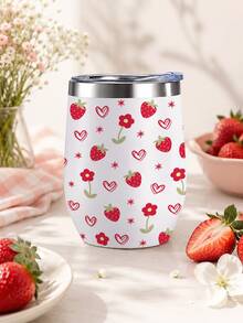 1 Pc 12oz Kawaii Floral Tumbler Cup With Lid, Cute Bee Daisy/ Strawberry Print Travel Mug, Aesthetic Pastel Insulated Coffee Cup For Women, Reusable Daily Drinkware For Office, School, Daily Use - Multicolor - View 6