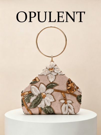 Floral Sequin Embroidered Triangle Evening Clutch Bag, Gold Ring Handle Hard Shell Wallet, Elegant Wristlet Handbag Suitable For Wedding, Prom, Cocktail Party, Banquet, Women's Party Purse