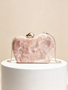 1pc Pink Faux Marble Box Clutch Bag With Asymmetrical Water Drop Gold Buckle, Detachable Chain Crossbody Small Purse For Wedding Toast And Evening Dress - Coral Pink - View 2
