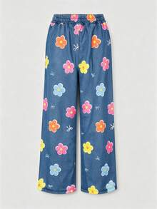 Set 2 Potong untuk Anak Perempuan, Sweatshirt Kerah Bulat dengan Gambar 3 Capybara Lucu + Celana Panjang Model Denim Motif Bunga dan Pita, Cocok untuk Pakaian Sehari-hari Musim Gugur/Musim Dingin - MultiWarna - View 8