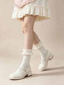 1/3 Pairs Summer Early Autumn French Style Satin Ruffle Sweet Versatile Mid-Calf Socks - Multicolor - View 8