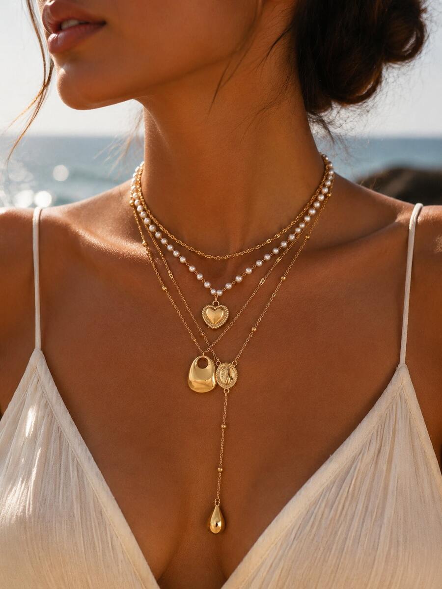 4pcs/Set Luxury Exquisite Gold Necklace Set With Heart, Water Drop, Yuanbao Decor, Y-Shaped Multi-Layer Layered Necklaces For Women, Suitable For Daily Wear, Dating And Vacation, Chain Length Cut By Section, Number Of Sections Not Fixed - Multicolor - View 1
