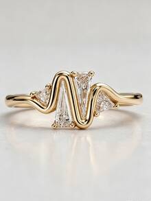 1pc Creative 14K Gold Plated Wave Geometric Diamond Ring, Unisex Asymmetrical Trapezoid Triangle Zirconia Stone, Luxury Niche Design Engagement Ring, Wedding Jewelry - White and Yellow - View 2