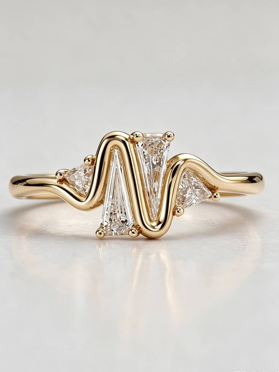 1pc Creative 14K Gold Plated Wave Geometric Diamond Ring, Unisex Asymmetrical Trapezoid Triangle Zirconia Stone, Luxury Niche Design Engagement Ring, Wedding Jewelry
