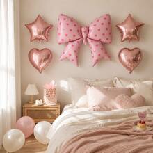 Sweet Pink Heart Print Giant Bow Foil Balloon Decor Set, Rose Gold Star & Heart Mylar Balloons, Pastel Pink White Latex Balloons For Girls Birthday Party Baby Shower Wall Photo Corner Backdrop Decor - View 2
