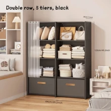 5-Layer Double Column Portable Wardrobe Cabinet With Translucent Dust Cover, Easy Assembly Space Saving Storage Shelf For Clothes Books Sundries - Black Double-row 5-tier Wardrobe - View 3