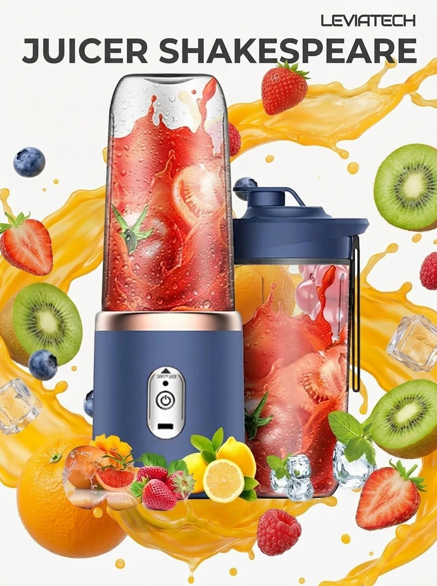 LEVIATECH 1件 400ml 無線便攜式攪拌機，USB充電迷你果汁機，配備6片刀片與雙杯，多功能水果攪拌機，適用於果昔、蔬菜、奶昔，廚房、居家與戶外使用