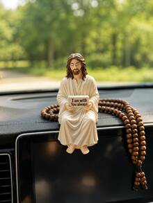 1pc Resin Jesus Figurine, Handmade Sitting Jesus Statue Decor With "I Am Always With You" Sign, Suitable For Car Dashboard, Home And Office Desk, Unique Religious Gift - A - View 2