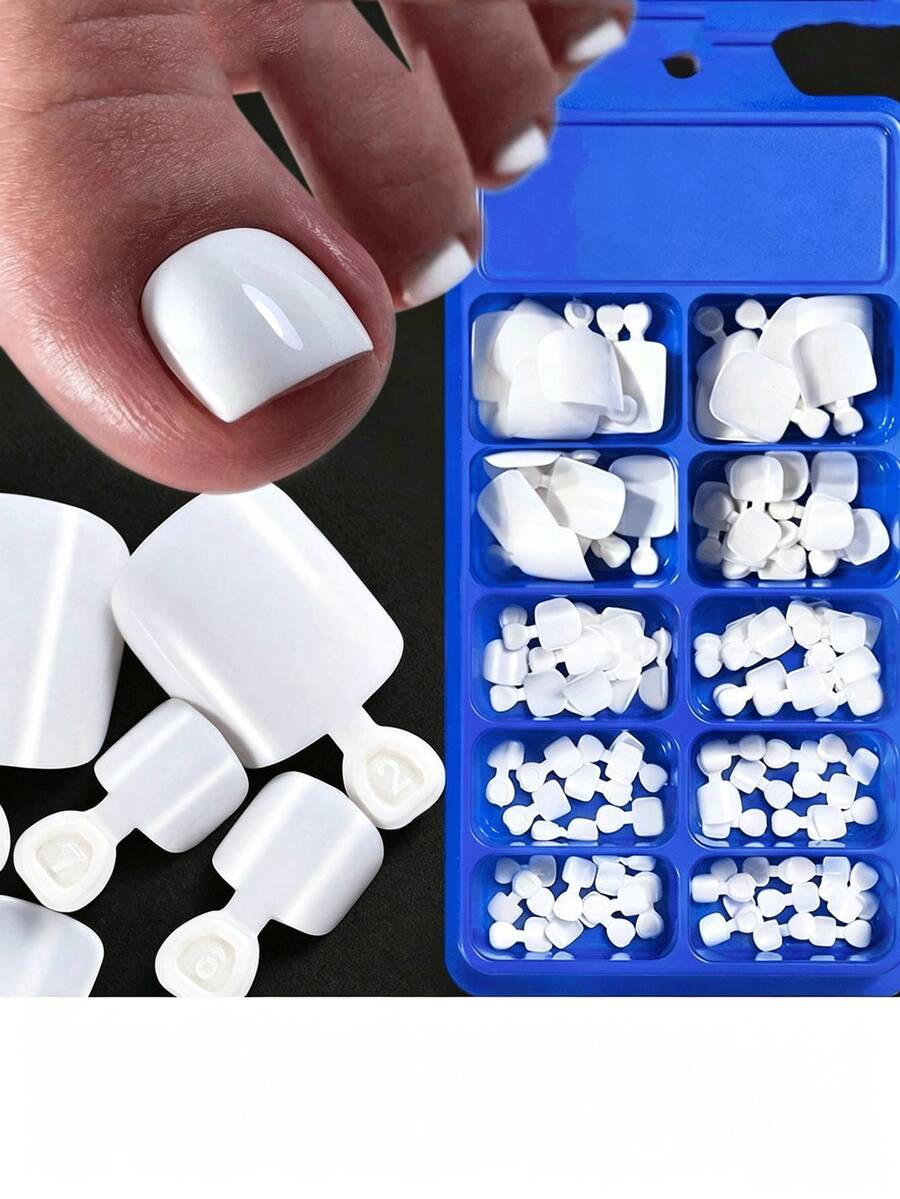 100pcs 12 Sizes Glossy White Wearable Toe Nails, Short Square Full Coverage Fake Toe Nails, Women's Nail Art Supplies - White - View 1