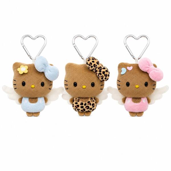 SANRIO 1個可愛棕色 Hello Kitty 天使絨毛包掛飾，豹紋蝴蝶結、白色翅膀與銀色心形登山扣，日系可愛背包吊飾女孩禮物