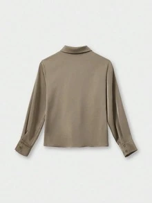 Women's Satin Button-Front Long Sleeve Elegant Lapel Blouse, Office Commute Business Casual Top, Loose Fit Solid Color Basic T-Shirt - Brown - View 5
