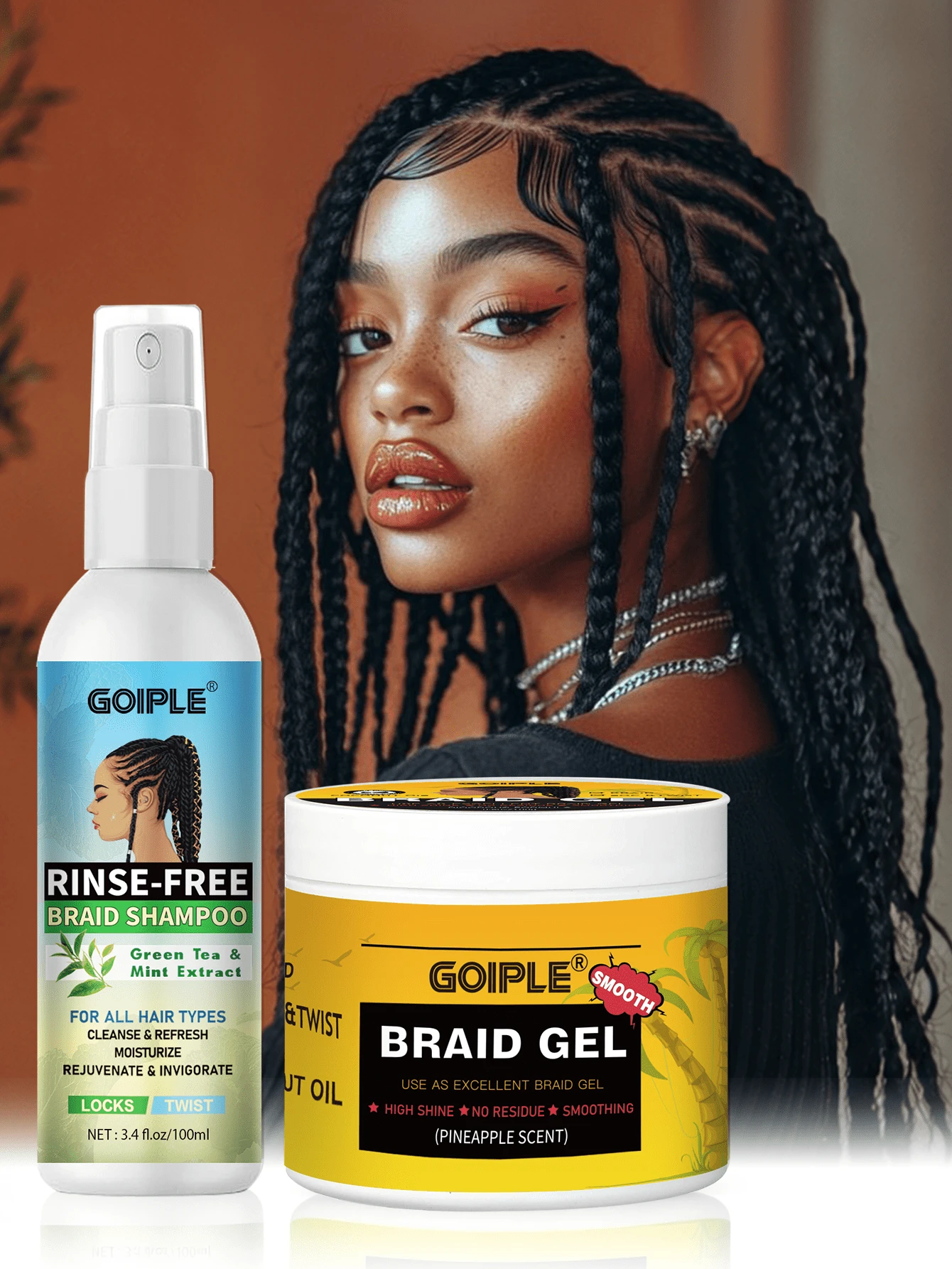 Goiple Braiding Gel & Braiding Shampoo, Waterless Braiding Shampoo, No-Rinse Shampoo For Removing Buildup, Strong Hold Braiding Gel, Smooth & Nourishing, Anti-Frizz Hair Styling Cream, Suitable For Dreadlocks, Braids, Twists, Extensions, Dreadlocks (2pcs Set)