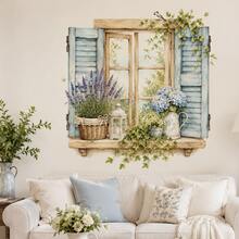 Vintage Blue Window Wall Sticker, Lavender Hydrangea Ivy Flower Faux Window Decal, Rustic Farmhouse Cottage Wall Art For Bedroom, Living Room & Dining Room Decor - HG04 - View 3