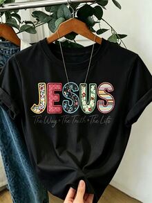 1Women's Jesus Text Art Print White T Shirt,Round Neck,Casual Cotton Knit Fabric,Medium Elasticity,Regular Version,Suitable For Women In Spring/Summer - Black - View 2