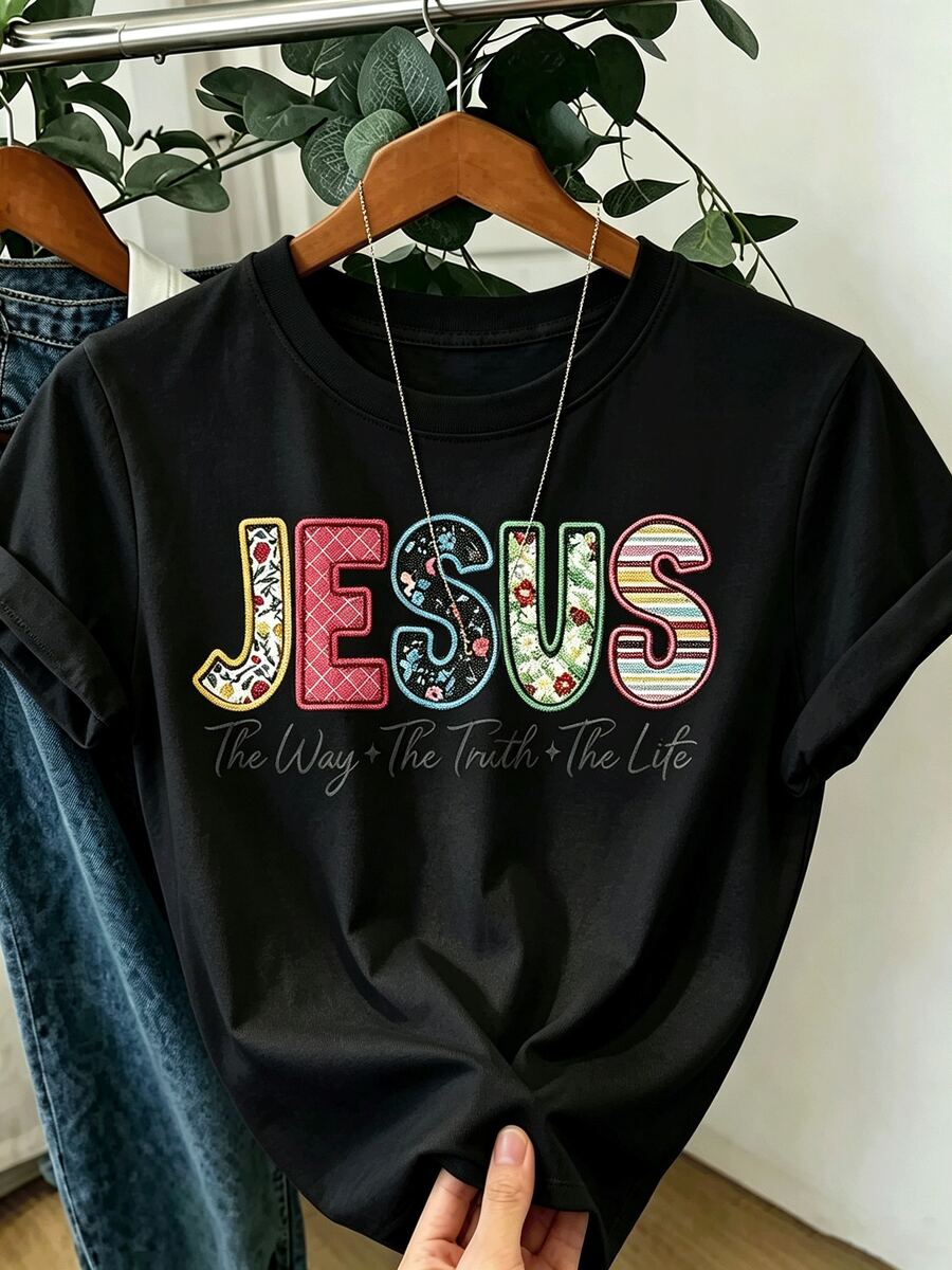 1Women's Jesus Text Art Print White T Shirt,Round Neck,Casual Cotton Knit Fabric,Medium Elasticity,Regular Version,Suitable For Women In Spring/Summer