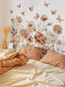 1pc Milk Tea Color Peony Daisy Floral Butterfly Wall Decor Sticker, Removable Room Decoration Wall Decal For Bedroom, Living Room, Entryway - 1PC - View 3