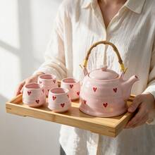 1 Set Cute Pink Heart Pattern Ceramic Tea Set, Vintage Wavy Porcelain Teaware, Includes Bamboo Woven Handle Teapot And 4 Striped Teacups, Portable Afternoon Tea Drinkware Set, Suitable For Home Kitchen, Wedding, Valentine's Day Gift - Multicolor - View 1