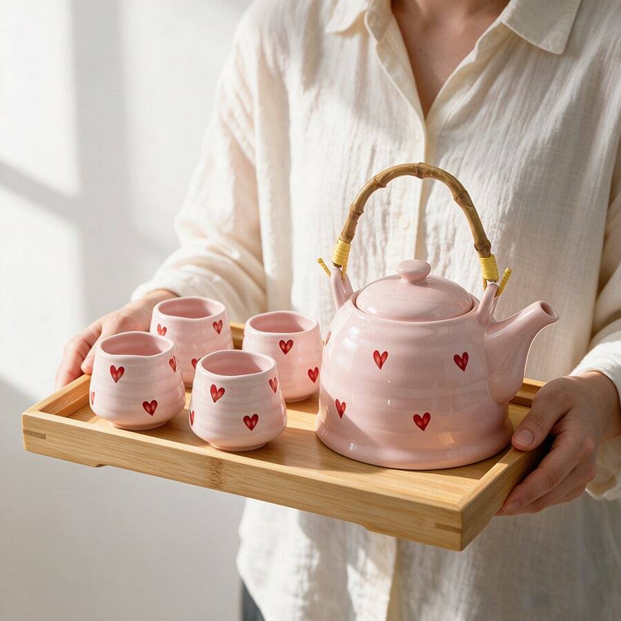 1 Set Cute Pink Heart Pattern Ceramic Tea Set, Vintage Wavy Porcelain Teaware, Includes Bamboo Woven Handle Teapot And 4 Striped Teacups, Portable Afternoon Tea Drinkware Set, Suitable For Home Kitchen, Wedding, Valentine's Day Gift - Multicolor - View 1