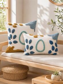 1pc/2pcs Boho Tufted Abstract Botanical Water-Drop Cushion Cover, Coastal Blue Mustard Ivory Pillow Case, Hidden Zipper, All Season Decorative Pillowcase (No Insert) For Sofa Bedroom Living Room Beach House Outdoor Garden Party Decor - Blue - View 11