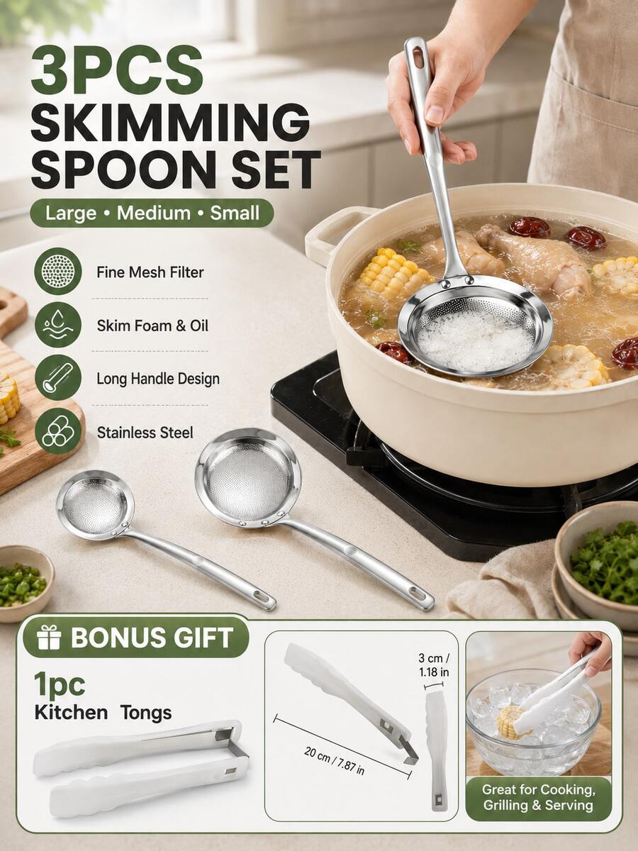 Stainless Steel Fine Mesh Oil Strainer Spoon With Handle, Kitchen Food Oil/Residue Strainer, Home Life New Product, Cooking Utensil Kitchen Essential - Multicolor - View 1