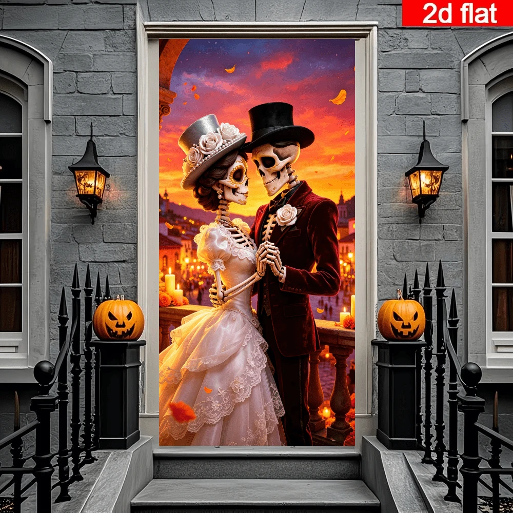 2D Flat Day Of The Dead Skeleton Couple Door Curtain, Wedding Theme Skeleton Couple Image With Sunset City And Candle Background, Vintage Romantic Style, Durable Polyester Material, No Power Required, Suitable For Day Of The Dead, Halloween Party Decoration, Indoor And Outdoor Wall Hanging Fabric, Creating A Warm And Mysterious Holiday Atmosphere