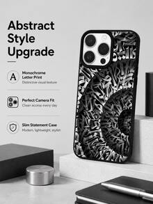 Street Punk Gothic Letter Phone Case Compatible With Iphone 17 16 15 14 13 12 11 Pro Max, Monochrome Black White Doodle Abstract Script Graffiti Repeat All Over Matte Black Frame Shockproof TPU Phone Shell - Black - View 2