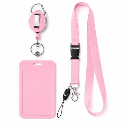 1 Set Pink Vertical Badge Holder, Includes Retractable Badge Reel And Detachable Lanyard, Cute Aesthetic Name Tag Card Holder, Suitable For Nurses, Teachers, Students, Office And Back To School Season