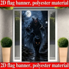 2D Flag - Halloween Theme Banner Background, Featuring A Dark Night Demon, Black Cat, Full Moon, And Bat, Along With An Ancient Castle Scene. Made Of Polyester Material, No Power Supply Required. - View 2