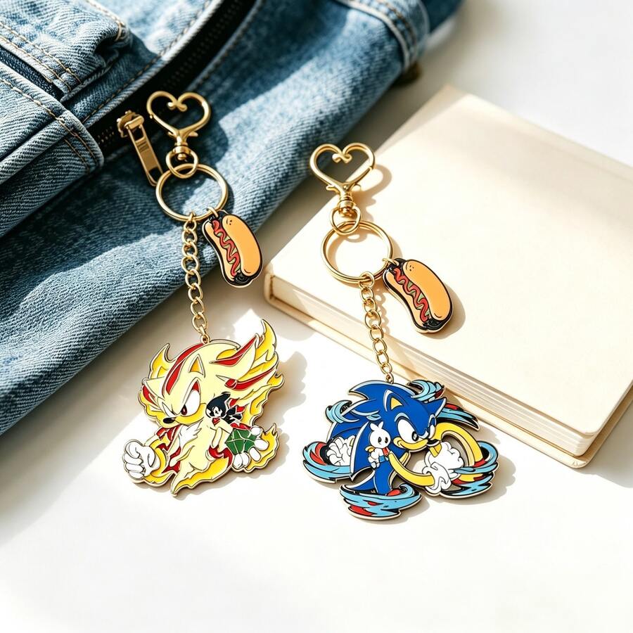 1pc Sonic Speed Character Enamel Keychains With Burger Charms - Anime Game Alloy Pendants For Bags & Keys