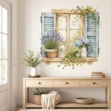 Vintage Blue Window Wall Sticker, Lavender Hydrangea Ivy Flower Faux Window Decal, Rustic Farmhouse Cottage Wall Art For Bedroom, Living Room & Dining Room Decor - HG04 - View 7
