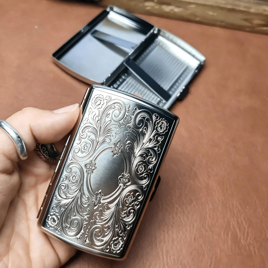 Vintage Metal Cigarette Case - Portable Men's Cigarette Case, Holds 16 100mm Cigarettes, Credit Card Holder, Unisex Wallet (Silver) - Multicolor - View 1