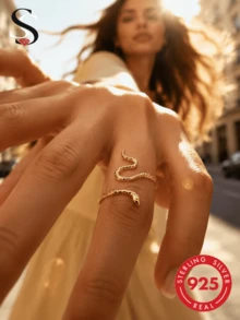 1pc Snake Shape 925 Sterling Silver Ring, Women's Vintage Open Ring, Suitable For Wedding Bride Wear - Gold - View 1