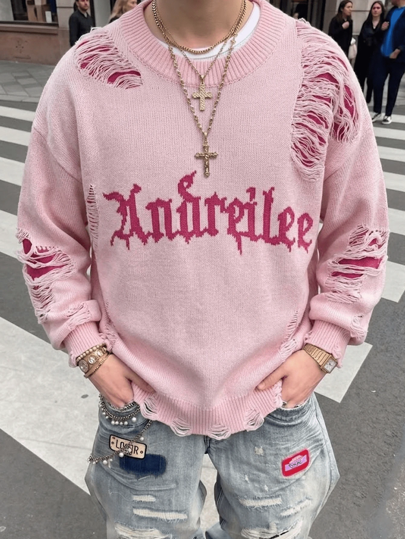 ANDREILEE Sweater Rajut Pria Gaya Jalanan Kasual Fashion Kerah Bulat Lengan Panjang dengan Rumbai dan Huruf, Model Longgar, dan Hem Bergaris untuk Musim Gugur/Dingin - Berwarna merah muda - View 1