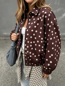 Women's Casual Loose Jacket For Early Autumn And Early Spring, Brown Polka Dot Zipper Design, Versatile Daily Jacket For Vacation, Suitable For Commuting And Shopping - Brown - View 8